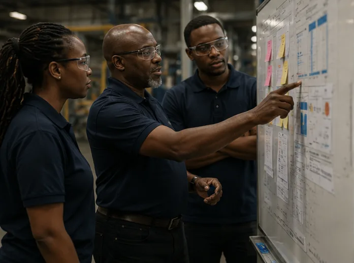 Operations team reviewing a daily performance board with safety, quality, delivery and cost metrics on a factory floor